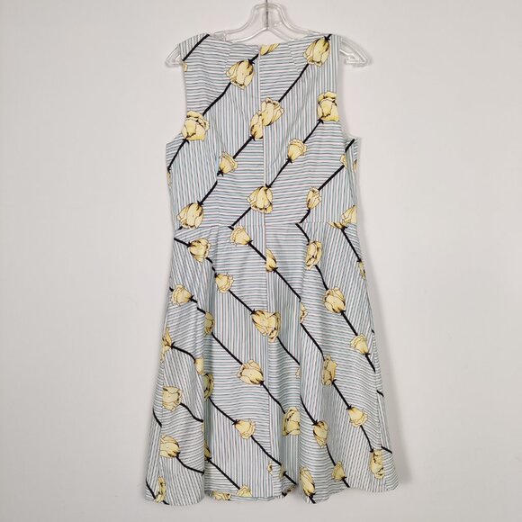 Talbots Women's Dress Sz 12 White Blue Striped Yellow Floral Cotton Pleats Lined - Picture 3 of 9